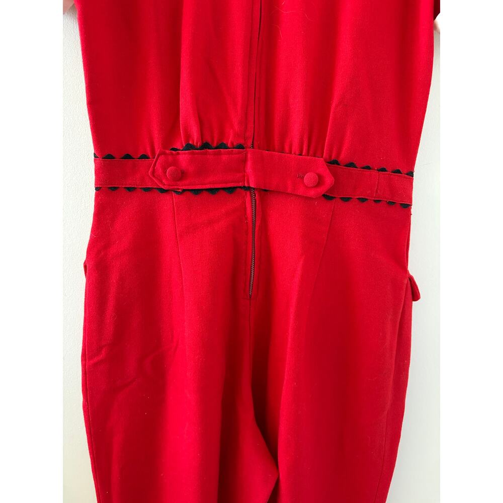 VTG 1960 Red Wool Hostess Jumpsuit Size S Peter Pan Collar Rick Rack - Picture 7 of 9